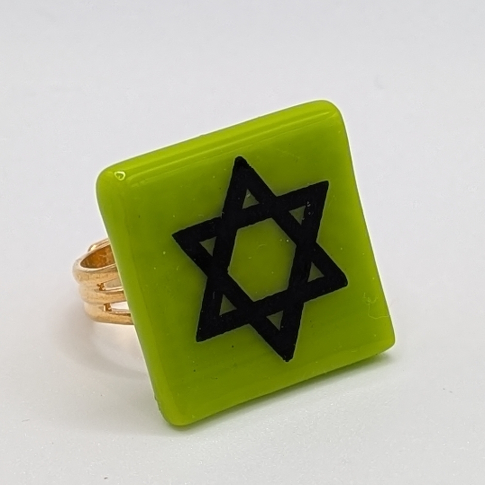 Handmade green glass Star of David or statement ring Gold plated adjustable